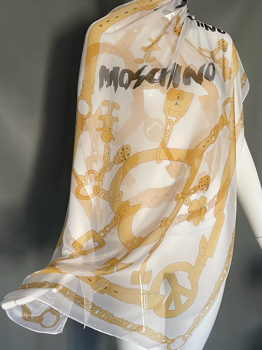 Huge Moschino Scarf Silk Olive Oyl Charm Bracelet 26 by 66 Exc Cond Sarong